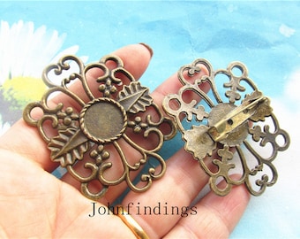 5pc 51.5x40mm antiqued bronzecabochon/cameo(12mm)filigree flower base square setting brooch pin pendants
