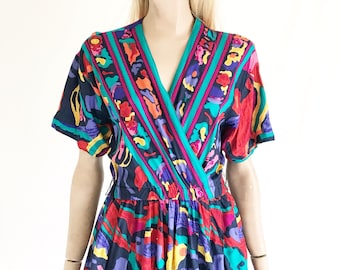 Vintage 80s Abstract Print Dolman Sleeve Dress