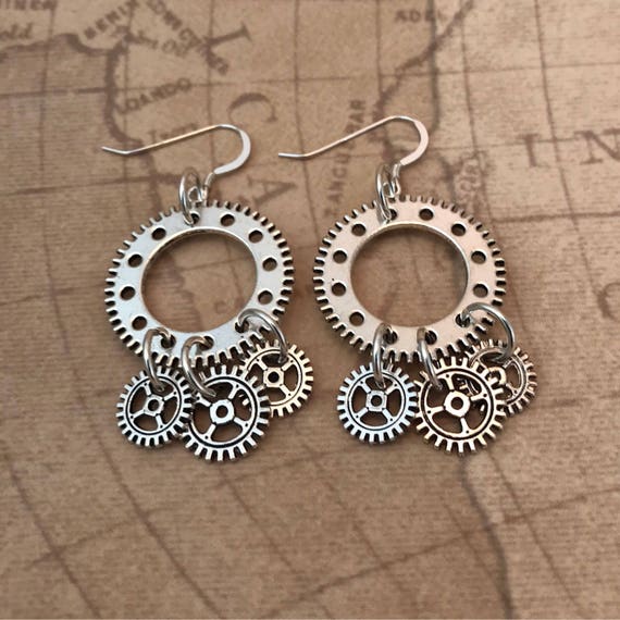 Antique Silver Steampunk Gears Dangle Earrings