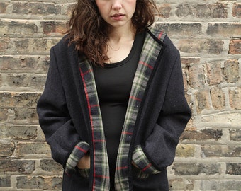 90s Plaid Hooded Grunge Wool Coat with Pockets