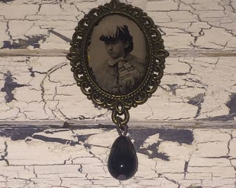 Victorian Gem Tin Type Photo Brooch Pin with Edwardian Black Glass Drop
