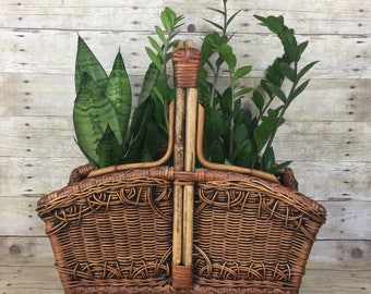 Wicker and Rattan Planter, Magazine Rack or Storage Basket - Boho Jungalow Vintage Home Decor
