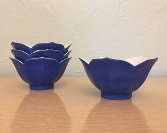 Four Blue 4.5" Glass Lotus Bowls