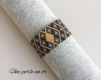 CLASS cuff bracelet / beads miyuki gray, black, gold / peyote weave /