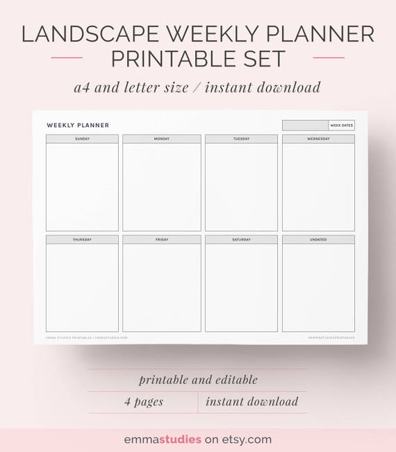 weekly landscape planner printable a4 and letter planner