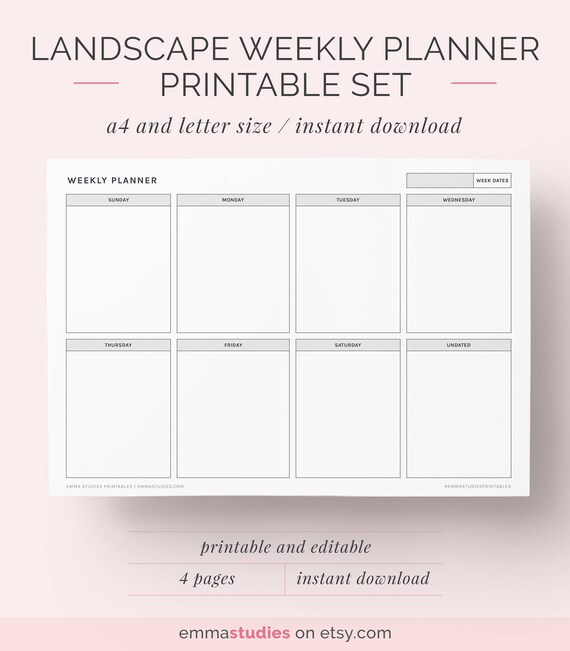 weekly landscape planner printable a4 and letter planner