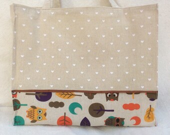 Beach bag or large shopper owl and heart fabric