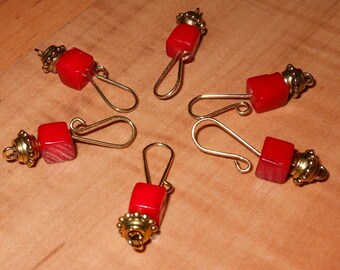 Hook in the Stitch Red Coral Cube Beads Stitch Markers set of 6