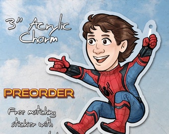 Peter Parker Spiderman acrylic charm keychain with white keychain attachment