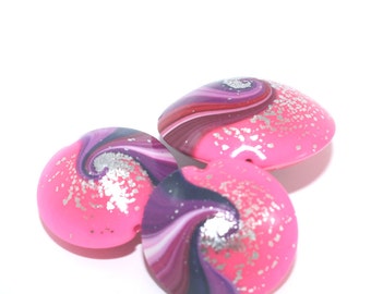 Swirl lentil beads in pinks and purple with touches of silver, Polymer Clay beads in unique pattern, set of 3 Elegant beads