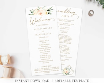 Wedding Program Printable Program Editable Template Ivory Blush Floral Cream gold geometric Modern Wedding Order of Service Ceremony Program
