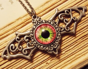Pink and Silver Batwing Eyeball Necklace
