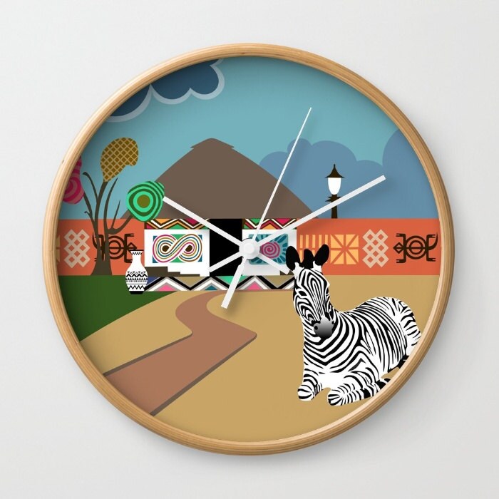 African Wall Clock Decor Art Print, South African Art Clock, Ndebele Inspirational Art Clock