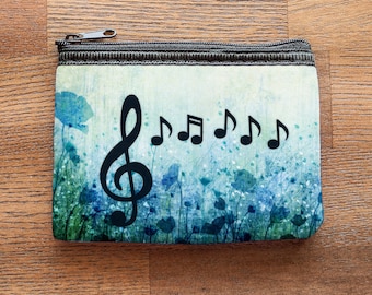 Floral Music and Treble Clef Neoprene Coin Purse or Zipper Pouch