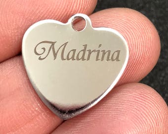 Madrina Custom Laser Engraved Stainless Steel Heart Charm CC732