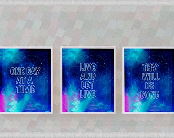 3 Recovery Slogan Prints, Spiritual galactic geometric, One Day at A Time, digital download print PDF, Alcoholics Anonymous, Overeaters, NA