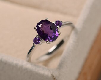 Amethyst ring silver, purple gemstone, February birthstone