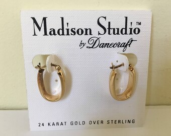 Vintage Dannecraft artisan handmade 24k gold plate over sterling silver earrings, classic style, stick back for pierced ears
