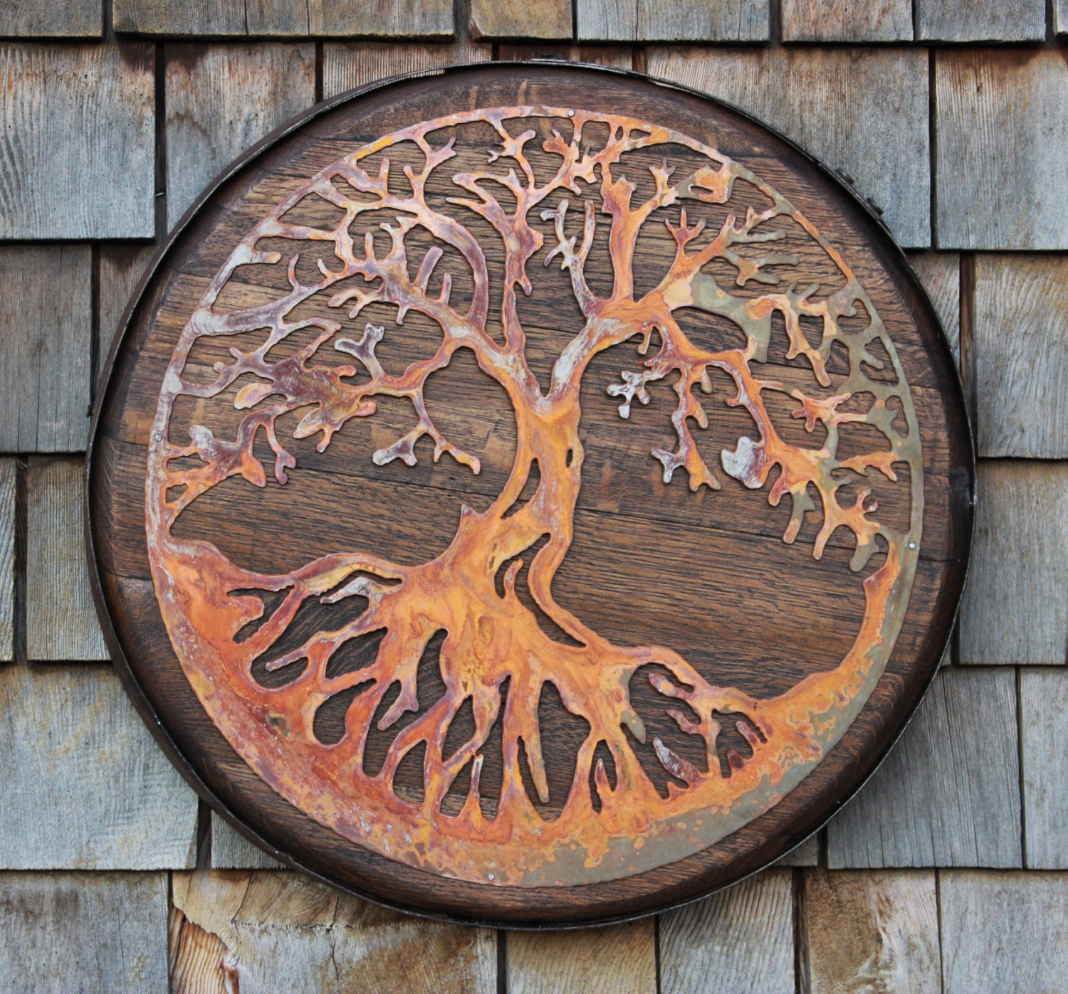 Tree of Life on Whiskey Barrel Head/Top Custom Rusted Metal