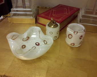 MID CENTURY MURANO Glass 3 Pc Set Ashtray Lighter Cigarette Holder Barbini White Copper Gold Ring Inclusion Cloud Effect