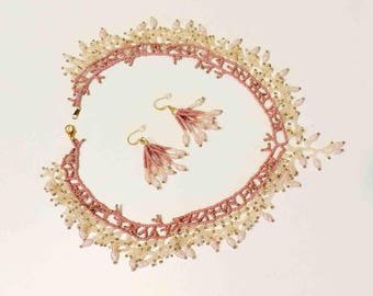 Pink and Rose Blush Beaded Coraling Necklace Handmade With Gold and Lucite