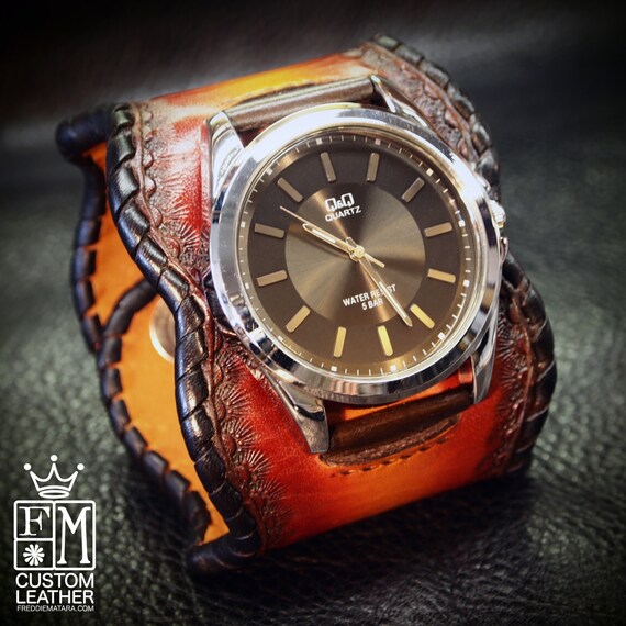 Leather Cuff Watch Cherry Red fade Traditional American ROCKSTAR Bracelet made for YOU in USA by Freddie Matara