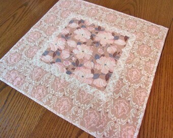 Quilted Pink Floral Table Topper, Quilted Table Runner, Cottage Chic Decor, Shabby Chic, Pink Table Runner, Floral Table Decor, Handmade