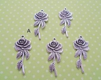 Antique Silver Long Stemmed Rose Pendant, Pack of 5 (2191)