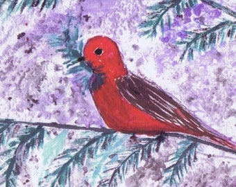 Set of Red Bird in Tree HOliday Cards