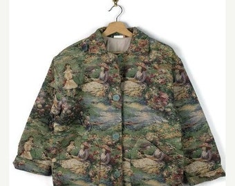 ON SALE Vintage Pale Green Floral Garden Pattern Cotton Tapestry Jacket from 80's
