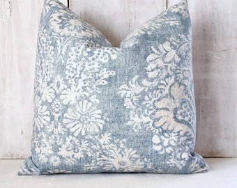 Faded Floral Pillow - Denim Blue Damask Pillow Cover - Blue and Beige Damask - Blue Floral Pillow Cover - Blue and Tan Throw Pillow