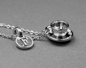 Tea cup and saucer necklace, coffee cup necklace, tea cup necklace, coffee cup, tea necklace, tea cup, personalized gift, initial necklace