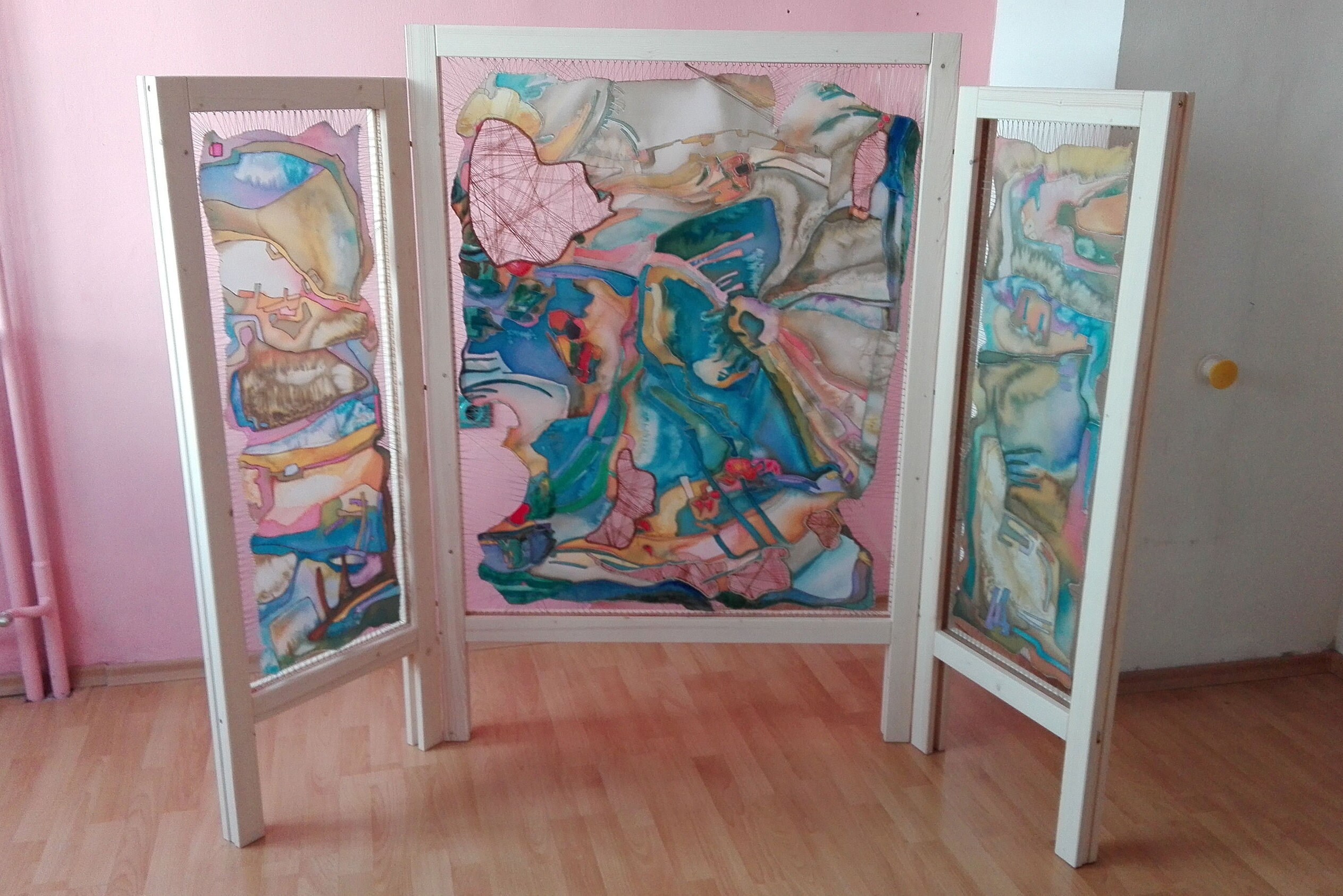 ORIGINAL Natural Silk Room Divider // 3 Hand Painted Silk