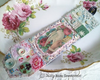 SWEET REMEMBRANCE textile cuff - vintage fabrics, tiny buttons, hand embroidery - Victorian cameo of a Dove with Roses - FREE Uk postage