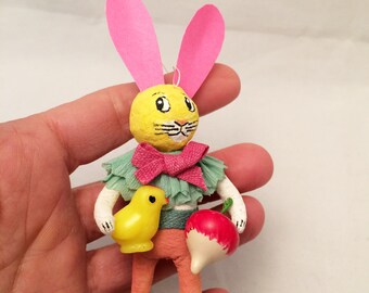 Spun Cotton Vintage style Bunny Rabbit with chick and radish feather tree ornament by Maria Paula