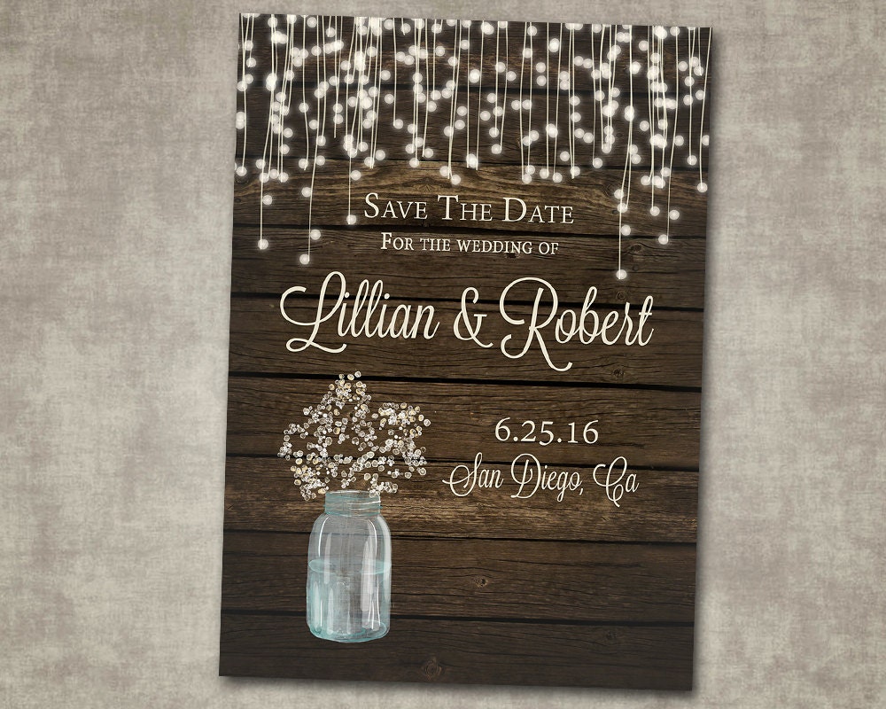 Save The Date Wedding Babys Breath Mason Jar Rustic Wood Save The Date Wedding Babys Breath Mason Jar Rustic Wood