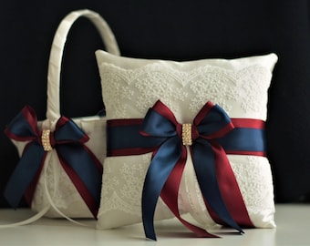 Navy Wedding Basket, Burgundy Bearer Pillow, Navy Flower Girl Basket, Navy Ring Bearer Pillow, Navy Ring Bearer, Burgundy Basket Pillow Set