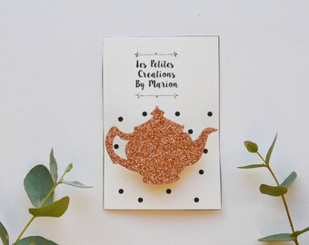 copper glitter teapot brooch