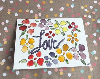 Watercolor Flower Card, Hand Painted Love Card, Original Flower Greeting Card