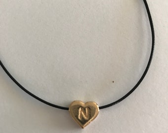 Gold 10mm monogram heart charm on wax cord