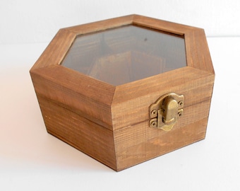 Tea box with glass display- wooden hexagon jewelry box- pine wood keepsake- 7 compartments keepsake- herbs storage box
