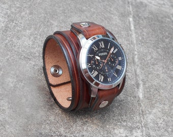 Leather watch cuff hand-made men women wrist watch Artisan 22 mm