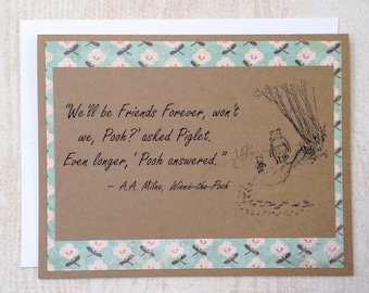 Friends Forever - Winnie the Pooh Quote - Classic Piglet and Pooh Note Card Blue Floral Border