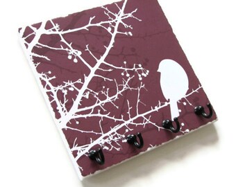 Burgundy Tree Key Hook, Bird Jewelry Hooks, Wall Key holder, Key Rack, Nature Decorative Tile Home Organizer (5)