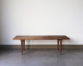 Long Vintage Wooden Slat Bench