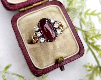 Vintage 9ct Yellow Gold and Silver Carbuncle Cabochon Garnet and Spinel Statement Ring / Size P 1/2
