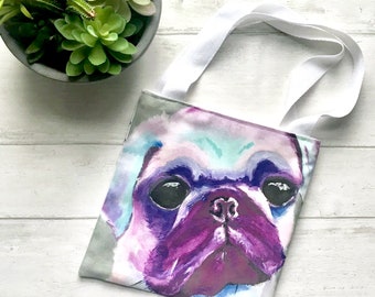 Small Tote bag, Pug tote, Pug gift, Pug bag, Tote bag, Pug handbag, Gift for her, Gift for daughter.