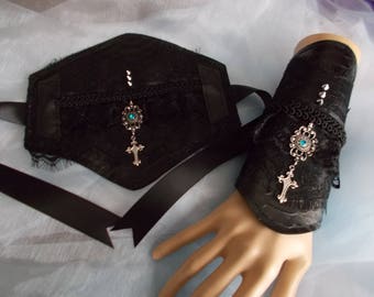 Cuff Bracelets, Fabric Cuffs, Gothic Fabric Cuff Bracelets, Pair, Black, Lacy, Cross