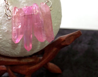 Pink Quartz Crystal Silver Necklace 18" Hippie Necklace Healing crystal Rose Aura Laser Quartz Bar Necklace Pink crystal rose quartz pendant