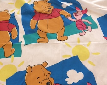 Vintage Winnie the Pooh Blue Clouds Sun Twin Sheet Set Flat Fitted Pillowcase Fabric